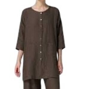 Vivid 100% Linen Button Down Tunic Dress Taupe Brown Plus Size 2X Like New